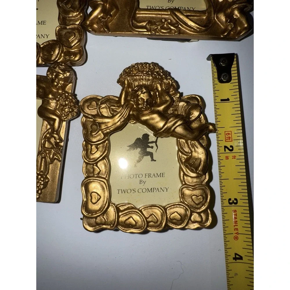 VTG Set of 12 Gold Toned Two's Company Small‎ Photo Frames Angel Cherub Ribbon N